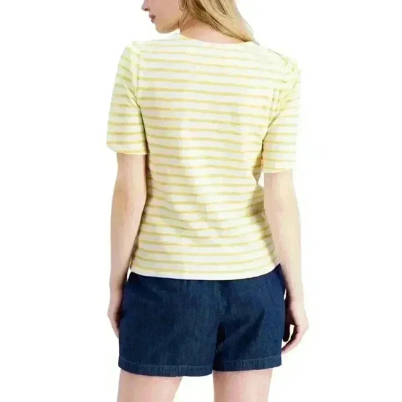 Charter Club 100% Cotton Knit Split Sleeves Top (Large, Yellow Combo Striped) - Picture 3 of 3